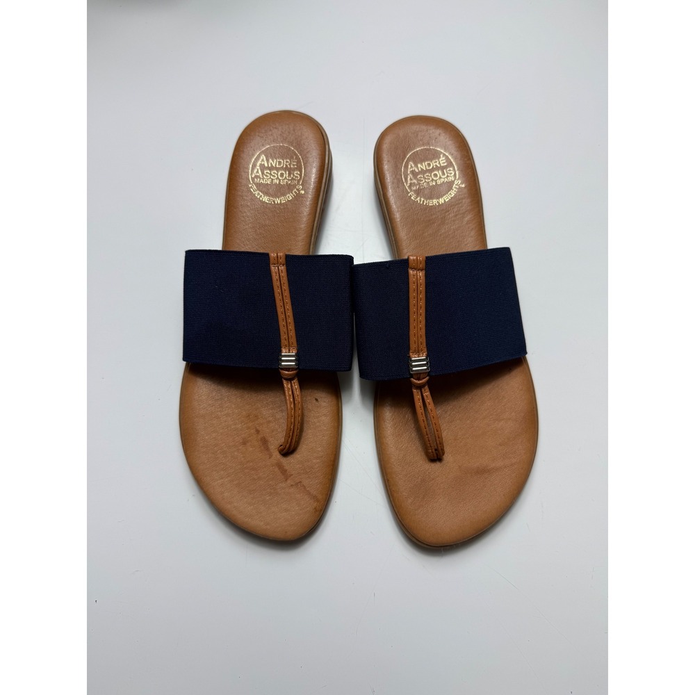 Andre Assous Featherweights Navy Tan Elastic Thong Slide Sandals Spain Womens 9